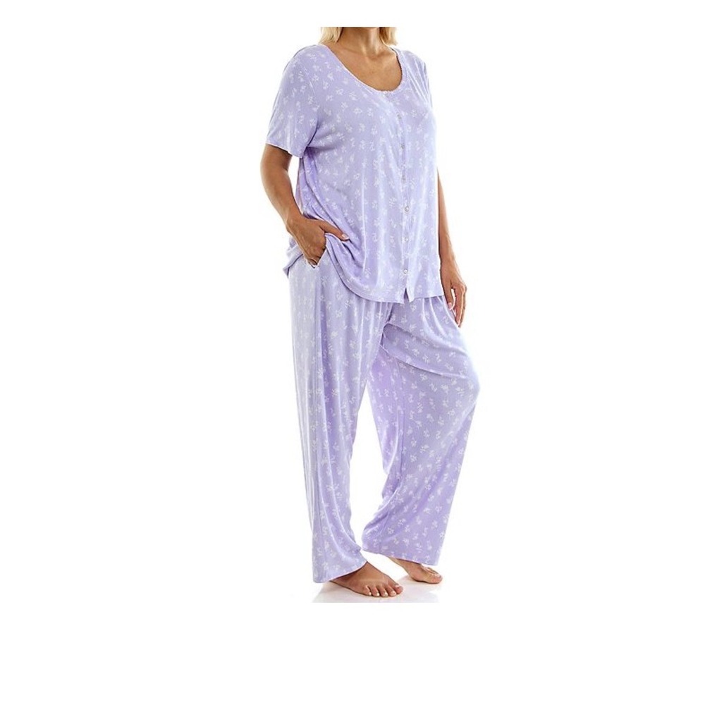 Croft & Barrow Pajama Set Women 2X Purple Floral Button Front Pointelle Knit NEW